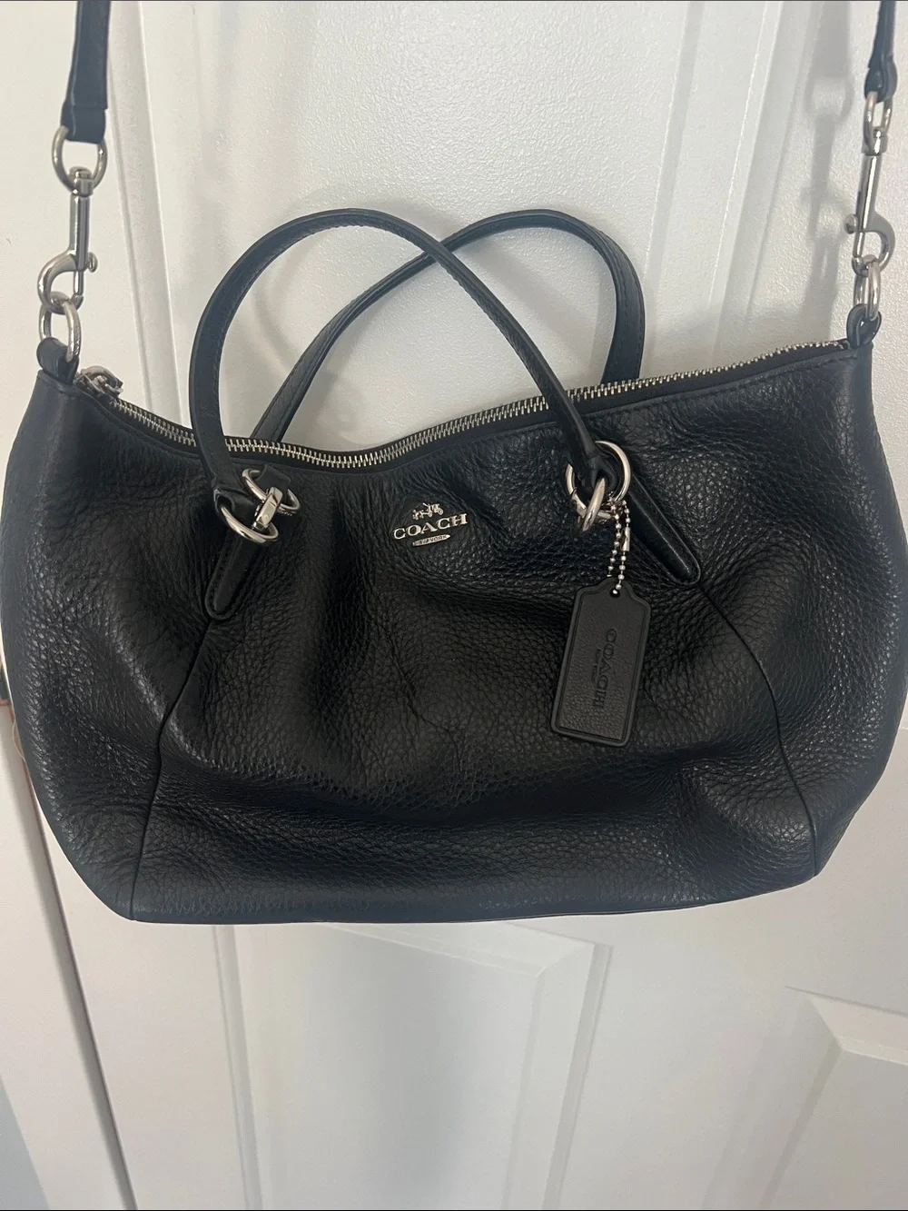 Coach Black Pebbled Leather Satchel with Shoulder Strap . 14W, 9L.